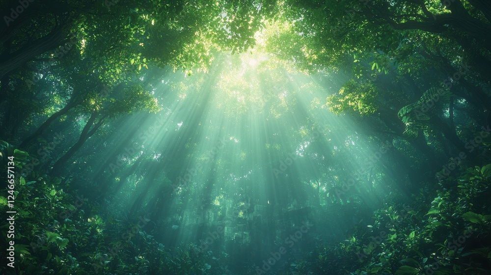 Fototapeta premium Sunlight filtering through trees in a serene forest nature tranquil environment