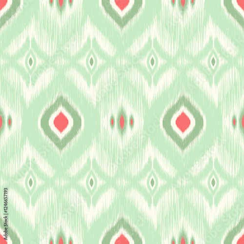 Soft Pastel Ikat Style Geometric Pattern. Green and Pink Ethnic Art Design. Abstract Seamless Ikat Pattern. Abstract Pastel Ikat Textile Design with Green and Pink Color Palette. Vector illustration.