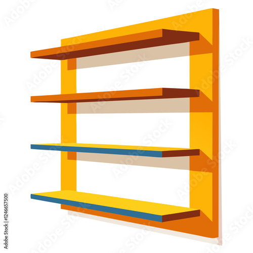 Vibrant wall shelf features multiple levels with an orange frame and blue accents, perfect for displaying decor items in a bright, modern environment. Ideal for homes or offices