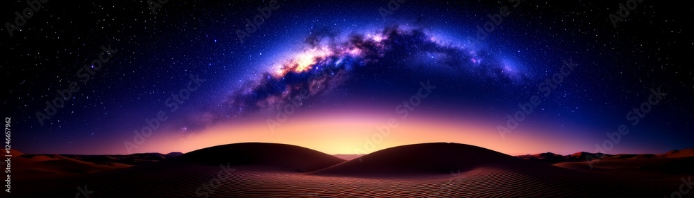 A breathtaking view of a starry night sky with a vibrant galaxy arching over serene sand dunes at dusk. A breathtaking view of a starry night sky with a vibrant galaxy arching over serene sand dunes at dusk.