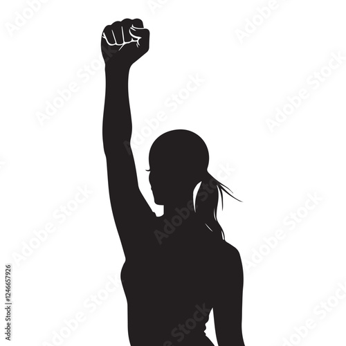 A strong, impactful silhouette of a woman with her arm raised and fist clenched - International Women’s Day March 8