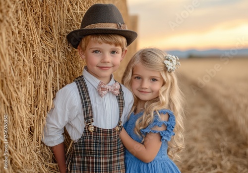 two children in lederhosen and Lykoi flower wreaths on their heads, posing next to large hay bales against the backdrop of an autumn field at sunset photo