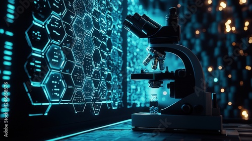 High-tech Microscope with Hexagonal Background and Futuristic Elements in Laboratory Setting