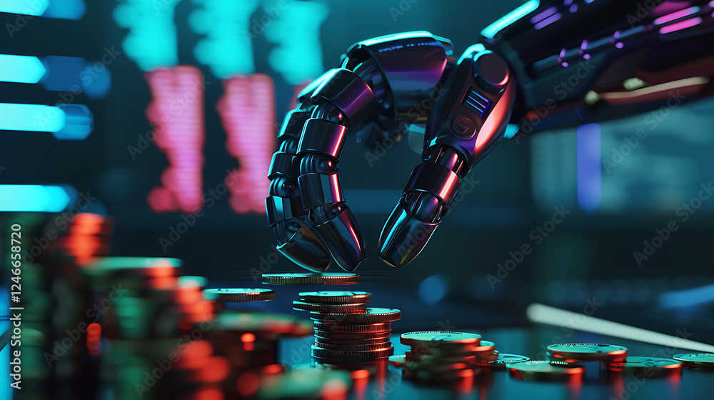Fototapeta premium AI(Artificial Intelligence) and Financial Technology concept.Robot Hand holding stacking pile of coins and analyzing the stock market
