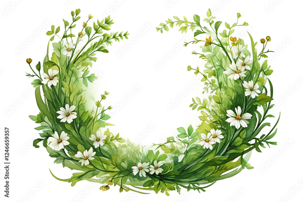 Naklejka premium Watercolor drawing of wild flowers and grass in the form of a wreath on a white background with copy space in the center. Chamomile and grass wreath concept with text space