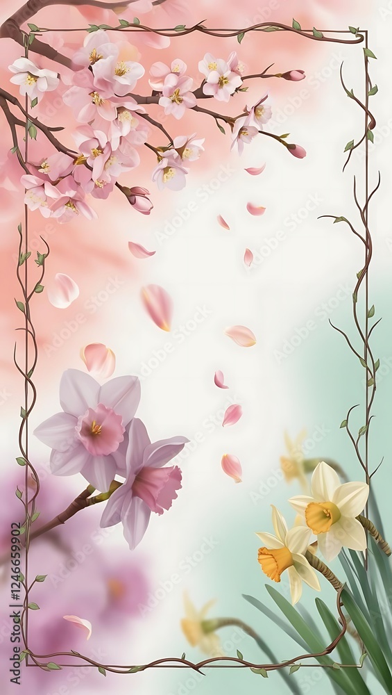 Fototapeta premium Minimal vintage spring design with softly blurred petals and delicate vines decorating the edges