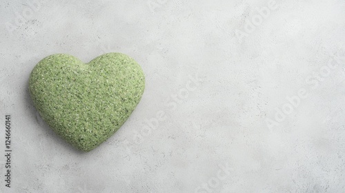 Green heart stone on grey background; love, care concept