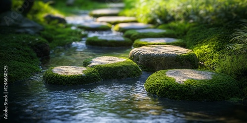 Stone path with flowing water channels in Buddhist garden, moss-covered stones, gentle stream, peaceful setting, morning light