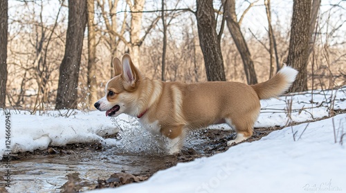 Welsh Corgi Puppy Playing in Snowy Stream Winter Forest Animal Photography Outdoor Close-Up Joyful Adventure photo