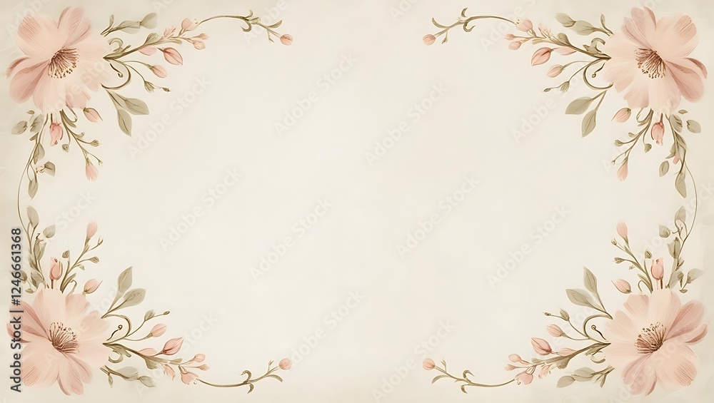 A soft spring design with muted pastel floral accents and vines gently forming a vintage frame A soft spring design with muted pastel floral accents and vines gently forming a vintage frame