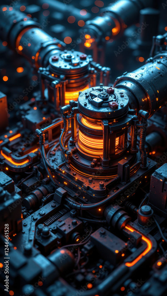 Futuristic industrial scene with complex machinery glowing in vibrant colors. Futuristic industrial scene with complex machinery glowing in vibrant colors.