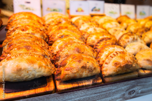 Freshly baked empanadas with different fillings for eating photo