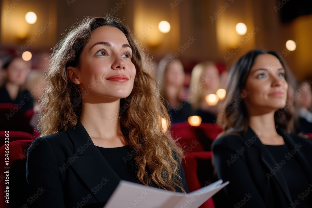 Fototapeta premium A woman seated amongst an engaged audience in a theater, embodies inspiration and aspiration in a beautifully lit venue filled with anticipation and performance.