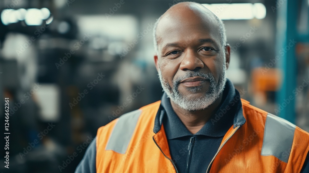 Confident Male Worker in Safety Vest Smiling in Workplace Environment Confident Male Worker in Safety Vest Smiling in Workplace Environment