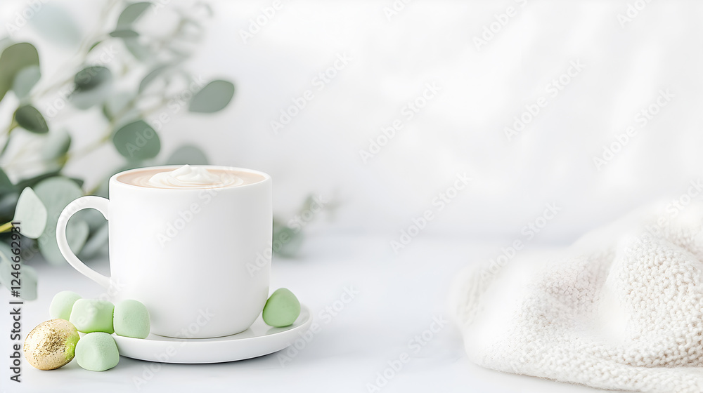 Cozy hot drink in a modern cup with pastel decorations, styled against a clean background for a fresh and soothing aesthetic. Suitable for winter marketing, digital ads, menu design. Selective focus Cozy hot drink in a modern cup with pastel decorations, styled against a clean background for a fresh and soothing aesthetic. Suitable for winter marketing, digital ads, menu design. Selective focus