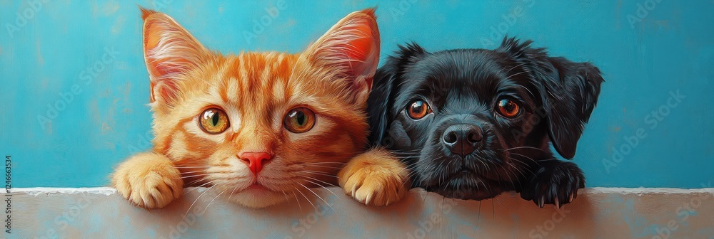 Fototapeta premium Cute Cat and Dog Peeking Over White Ledge on Pastel Blue Background