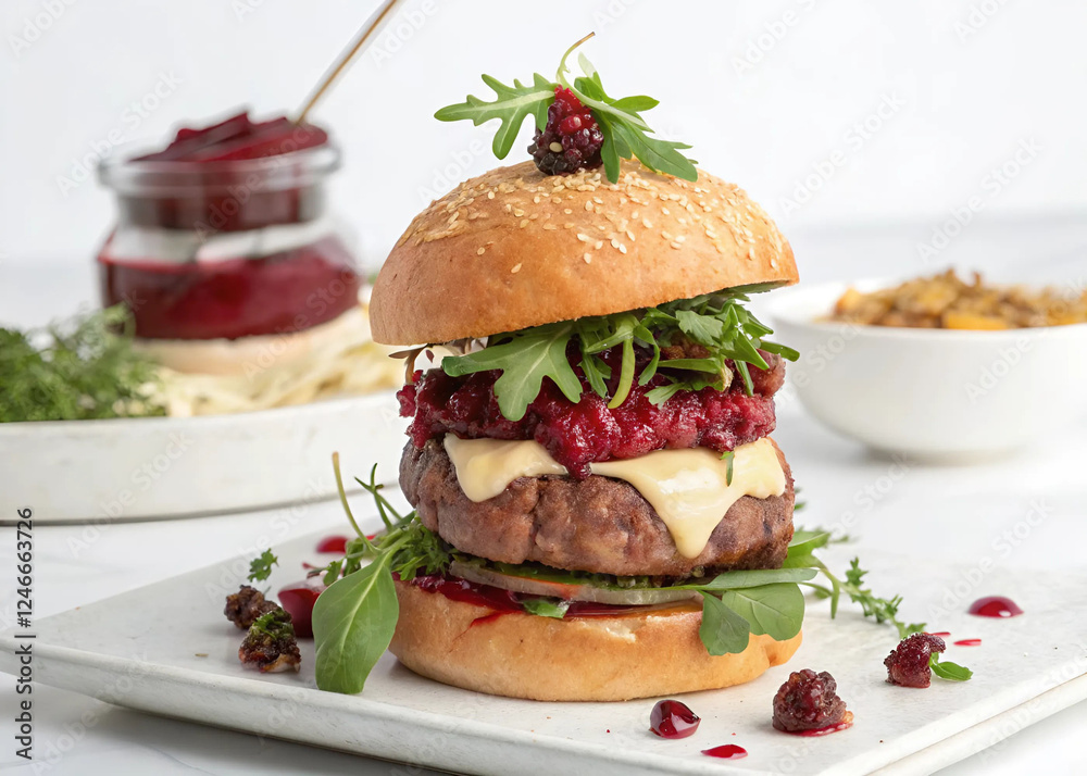 Crafting a Gourmet Burger With Cranberry Topping in a Cozy Kitchen, Gourmet burger, artisanal bun, arugula, beet relish, cranberries, Crafting a Gourmet Burger With Cranberry Topping in a Cozy Kitchen, Gourmet burger, artisanal bun, arugula, beet relish, cranberries,