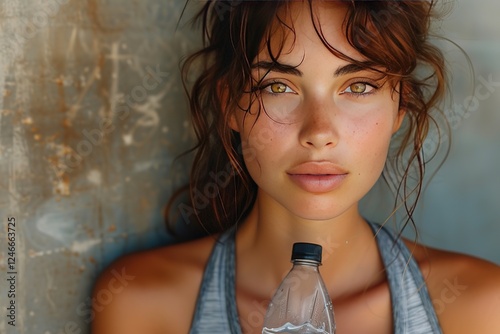 Young woman resting after gym workout holding a water bottle