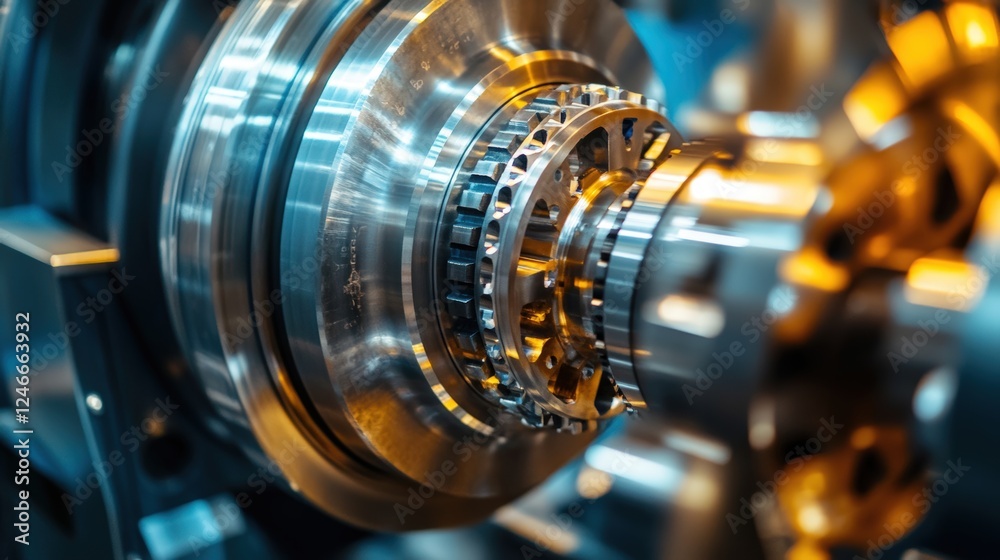 A close up of a gear with a shiny, metallic surface A close up of a gear with a shiny, metallic surface