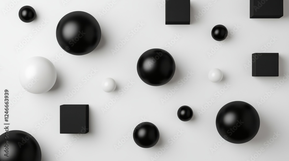 Floating 3D Geometric Shapes in Monochrome on White Background Floating 3D Geometric Shapes in Monochrome on White Background