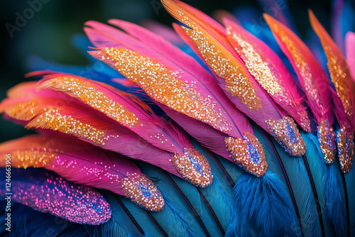 Photo de détails de plumes colorées pour costumes de carnaval, vêtement, déguisement, habit, pailletées, strass 
 photo