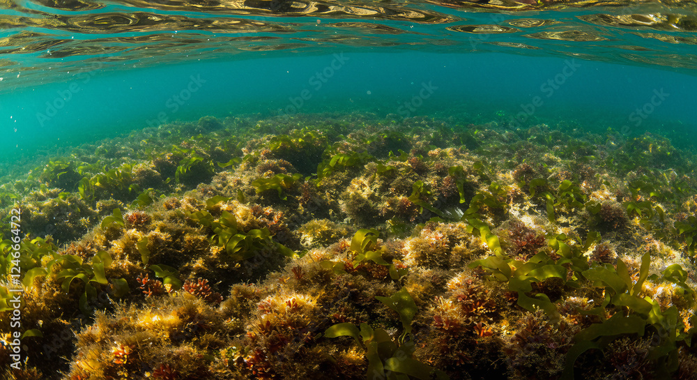 Algae Growing on the Ocean Floor, Bathed in Natural Sunlight, Creating a Beautiful Underwater Seascape in the Atlantic Ocean off the Coast of Galicia, Spain Algae Growing on the Ocean Floor, Bathed in Natural Sunlight, Creating a Beautiful Underwater Seascape in the Atlantic Ocean off the Coast of Galicia, Spain