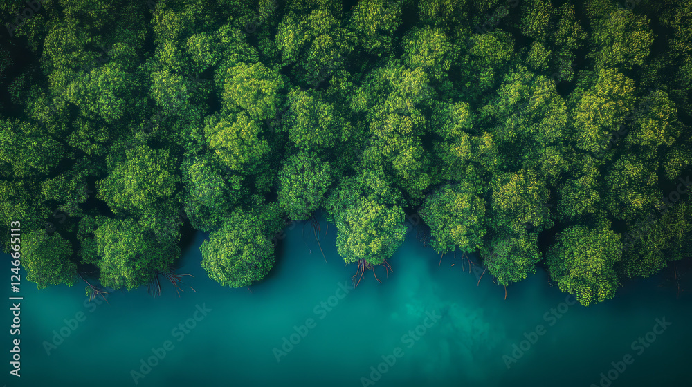 Naklejka premium Lush green mangrove forest with tranquil blue water below