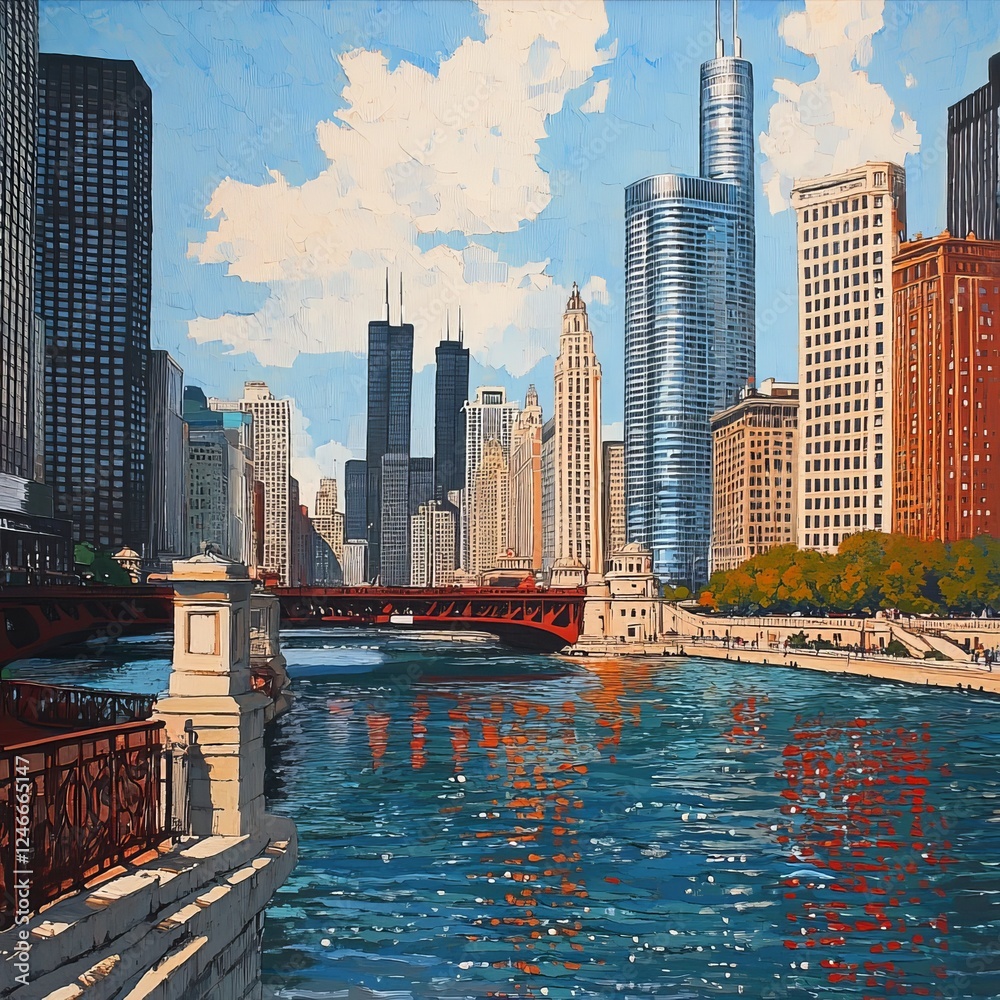 Naklejka premium City view over river in Chicago