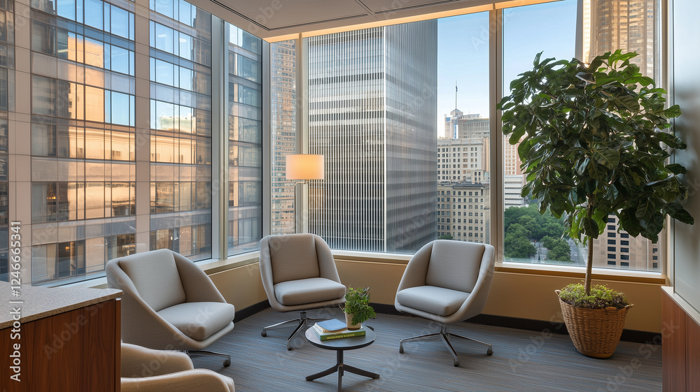 Fototapeta premium Modern office lounge with comfortable chairs, large windows, and greenery