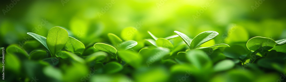 Obraz premium Vibrant close-up of lush green leaves basking in sunlight, symbol of growth and vitality.