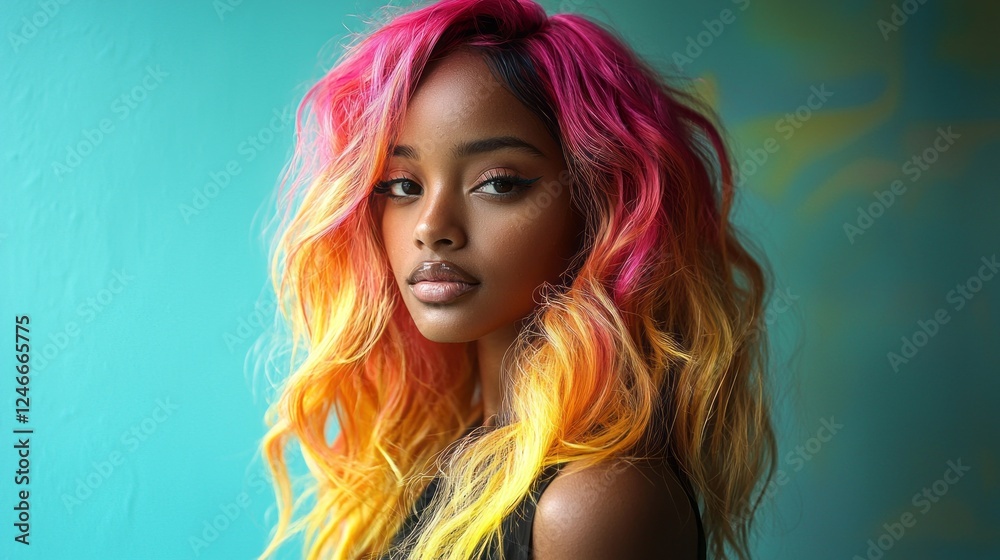 Striking hair cascades in vibrant shades of pink and yellow, beautifully framing a confident individual. The vivid backdrop enhances the artistic flair of this unique hairstyle