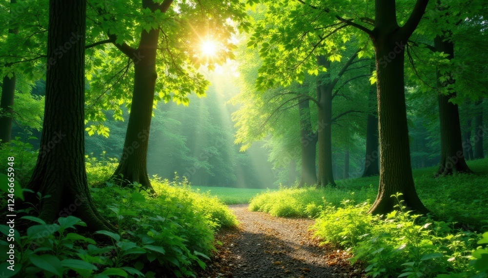 Fototapeta premium Sun-dappled green forest panorama, lush deciduous trees, botanical, peaceful, bright