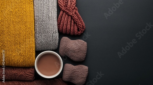 Cozy autumn essentials with hot chocolate and knitwear photo