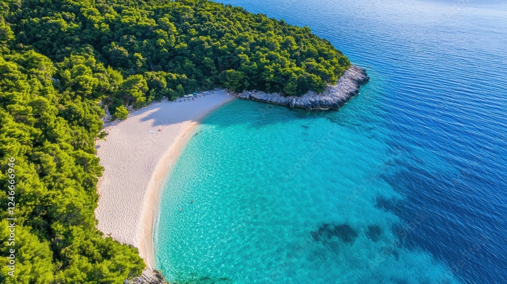 Fototapeta premium Serene beach with turquoise waters and lush greenery