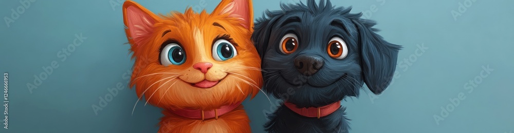 Obraz premium Cute Cat and Dog Banner Surprise Friends Playful Pets on Blue Background