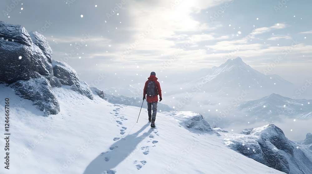 A person in winter and a backpack is walking on the snow-covered mountain
A person in winter and a backpack is walking on the snow-covered mountain