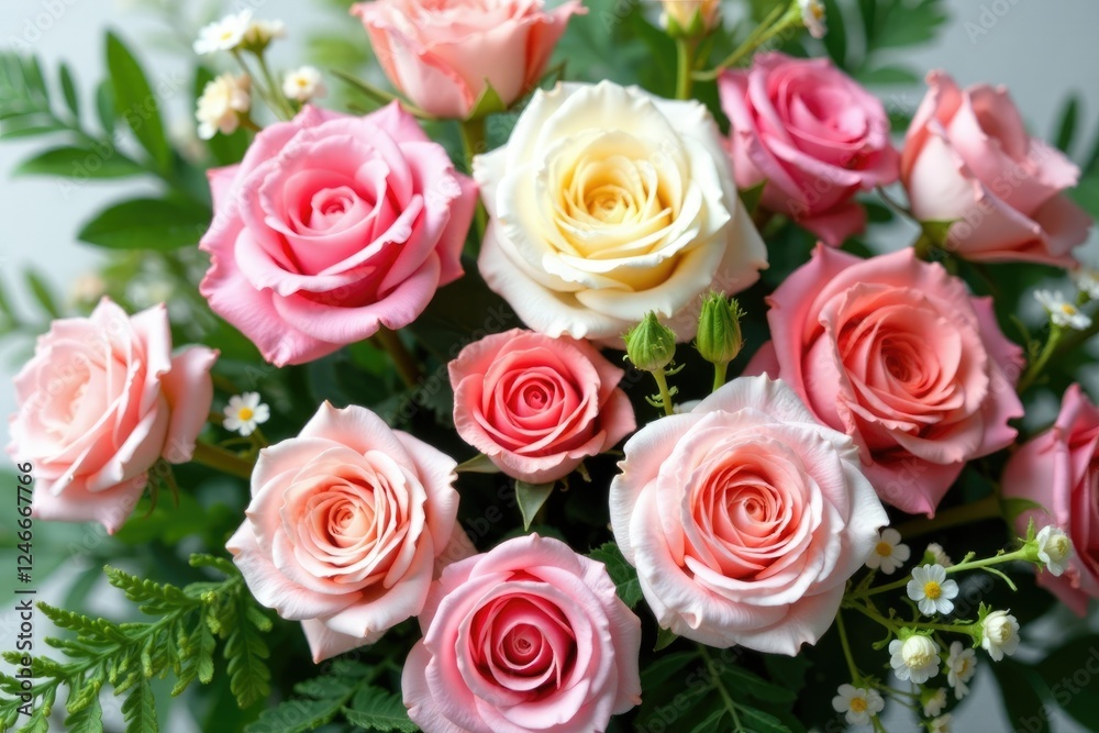 Pastel-colored roses and carnations intertwined with ferns, carnations, arrangement Pastel-colored roses and carnations intertwined with ferns, carnations, arrangement