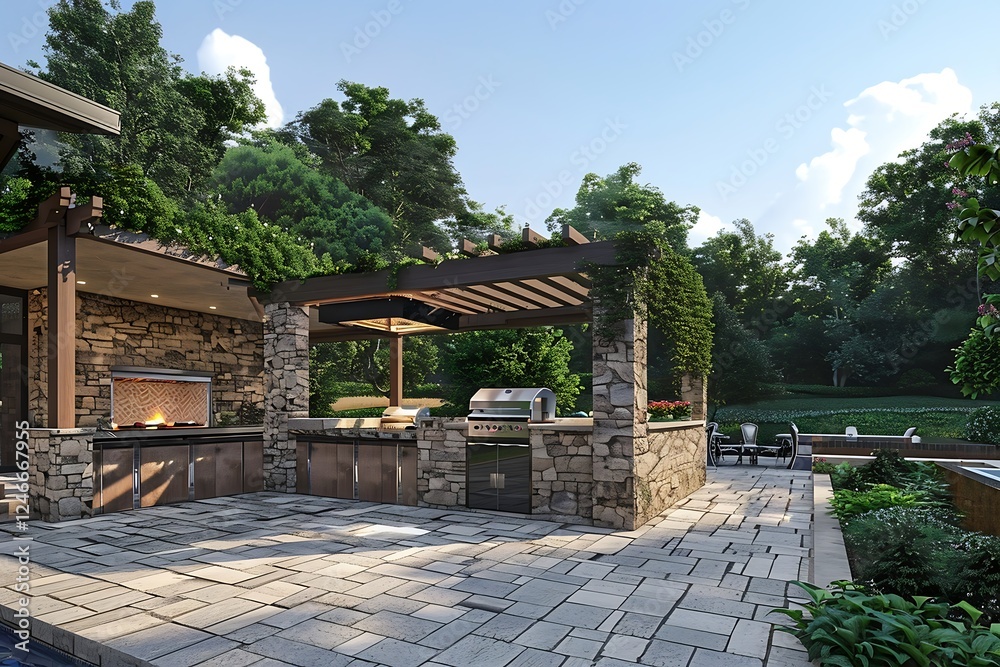 Fototapeta premium Outdoor patio with stone terrace and fireplace.