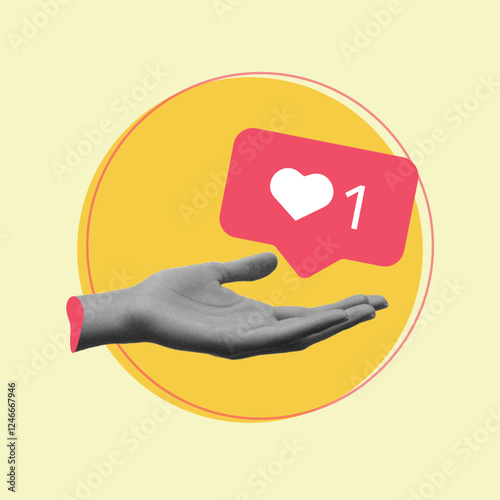trendy collage illustration of arm palm hold like notification . Concept of social media influence, popularity and digital marketing.