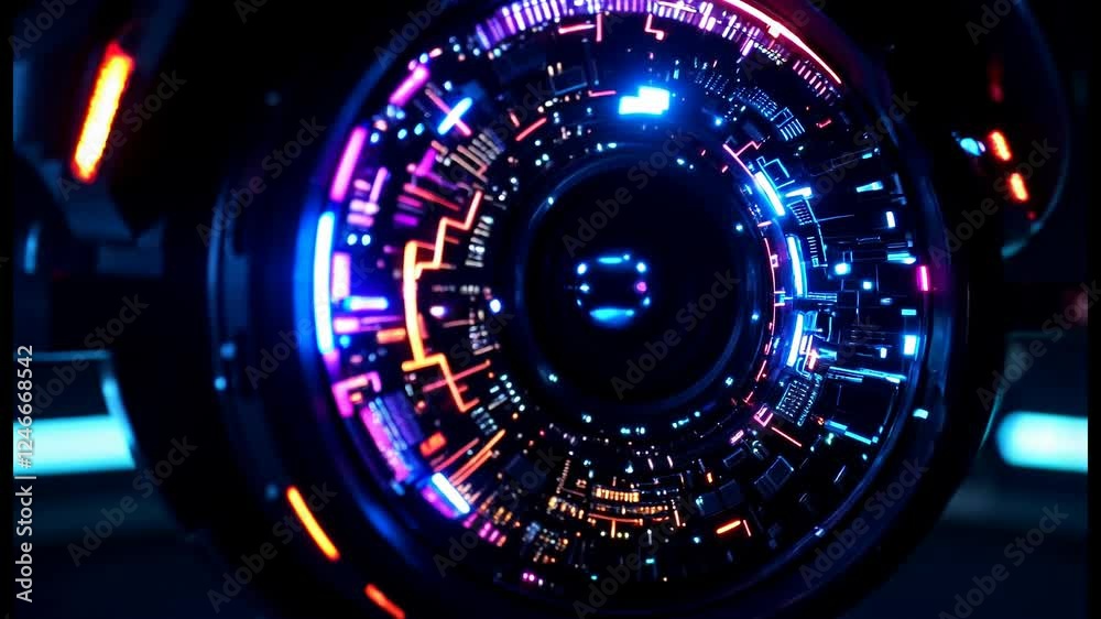 Cyberpunk Futuristic Camera Lens Closeup Neon Lights
