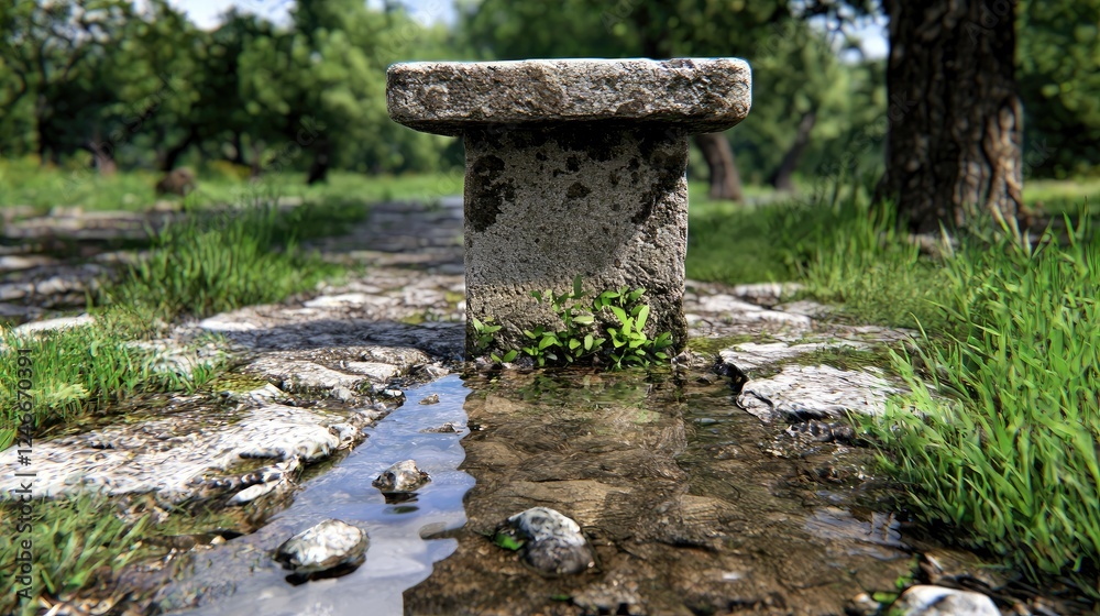 Stone bench, park path, puddle, green background, garden design Stone bench, park path, puddle, green background, garden design