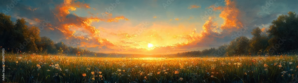 Obraz premium Lush Green Meadow at Sunset Peaceful Landscape Impressionistic View