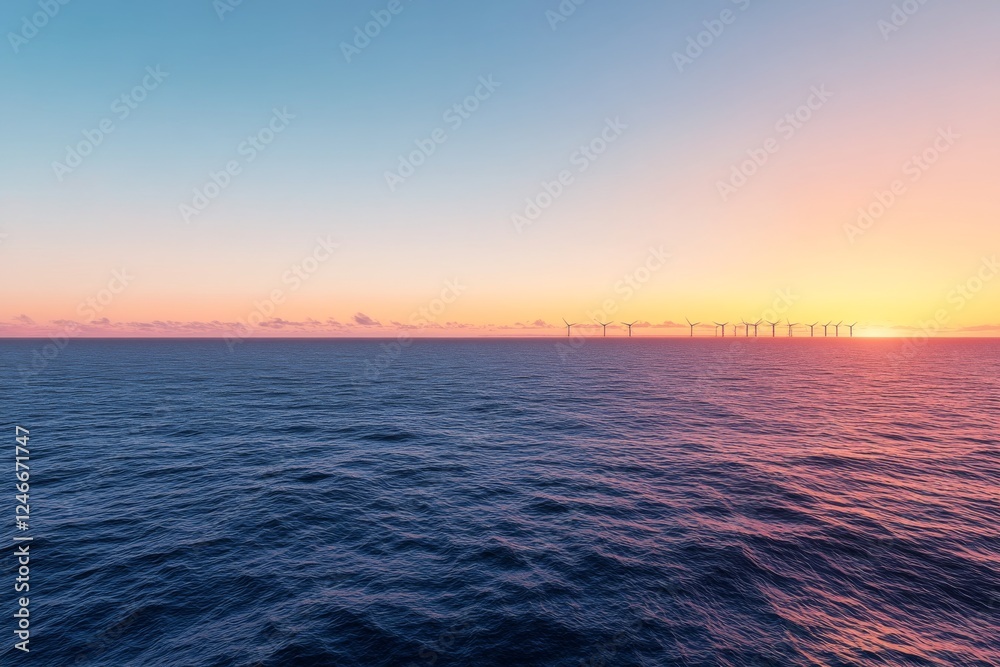 Obraz premium Aerial view captures an offshore wind farm featuring a row of turbines against a serene blue ocean. Soft orange hues from the sunset enhance the tranquil scene