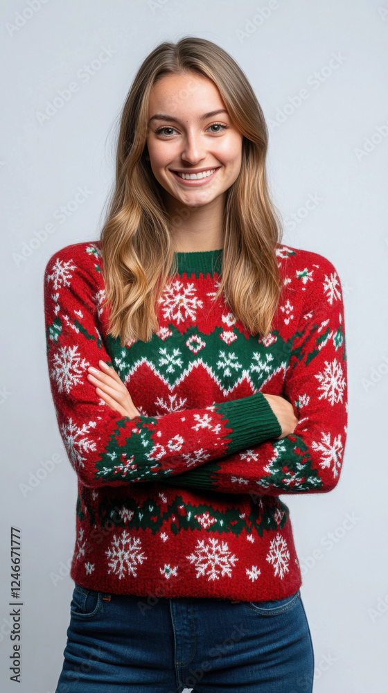 Festive fashion model in red and green christmas sweater with snowflake pattern Festive fashion model in red and green christmas sweater with snowflake pattern