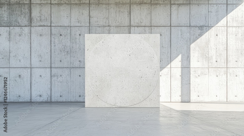 Obraz premium Concrete room, circular panel, sunlight, mockup