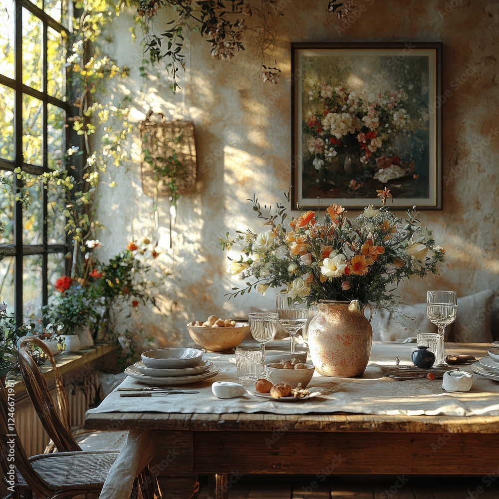 Obraz premium Cozy Dining Area with Rustic Table and Elegant Dinnerware Under Warm Light