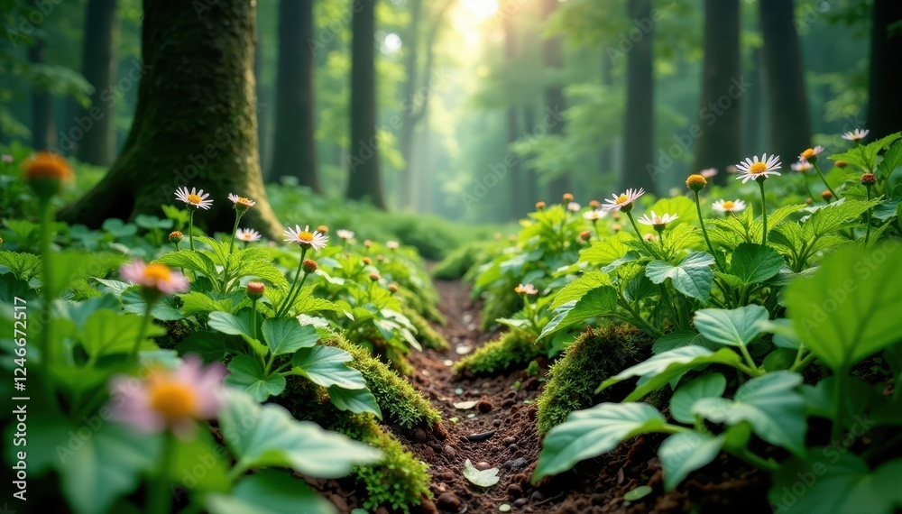 Obraz premium The forest floor is carpeted with ferns and wildflowers, ferns, wildflowers