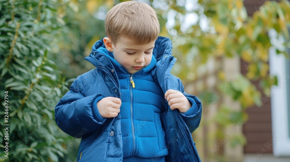 Kids practical life skills. A young boy wearing a blue jacket adjusts his coat outdoors in a natural setting. Kids practical life skills. A young boy wearing a blue jacket adjusts his coat outdoors in a natural setting.