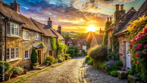 Charming Village Street Scene with Cobblestone Road and Traditional Houses - Copy Space