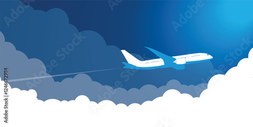 Airplane in the sky flying through the clouds. Vector blue cartoon background